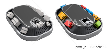 Set of Airport luggage conveyor belt or baggage claim area with suitcases on white. 126228480