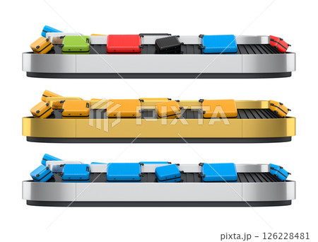 Set of Airport luggage conveyor belt or baggage claim area with suitcases on white. Set of Airport luggage conveyor belt or baggage claim area with suitcases on white. 126228481