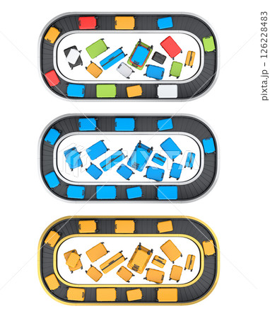 Set of Airport luggage conveyor belt or baggage claim area with suitcases on white. Set of Airport luggage conveyor belt or baggage claim area with suitcases on white. 126228483