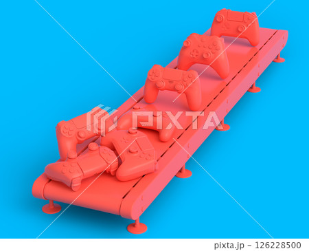 Set of gamer joysticks or gamepads on factory line on monochrome background Set of gamer joysticks or gamepads on factory line on monochrome background 126228500