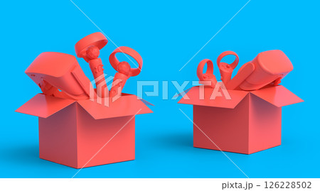 Set of virtual reality glasses and controllers in cardboard box on monochrome 126228502