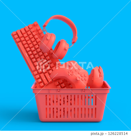 Gamer gears like mouse, keyboard, joystick, headset, VR camera in plastic basket Gamer gears like mouse, keyboard, joystick, headset, VR camera in plastic basket 126228514