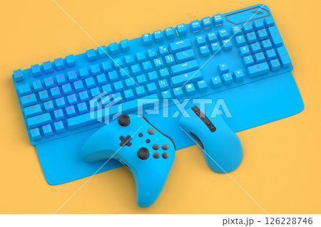 Top view gamer gears like joystick, keyboard, headphones and mouse on yellow Top view gamer gears like joystick, keyboard, headphones and mouse on yellow 126228746