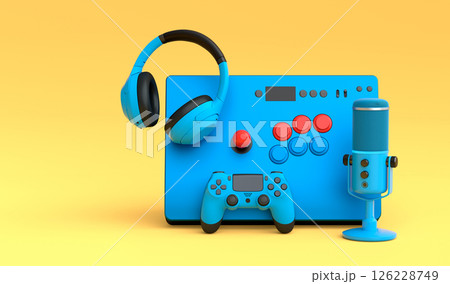 Top view gamer gears like joystick, microphone, headphones and arcade stick Top view gamer gears like joystick, microphone, headphones and arcade stick 126228749