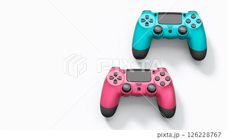 Realistic colorful video game joysticks or gamepads with color buttons on white 126228767