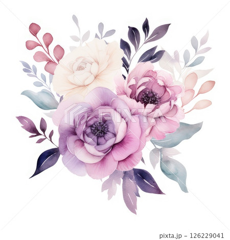 A watercolor painting of purple roses and leaves on white. AI-generated content. 126229041