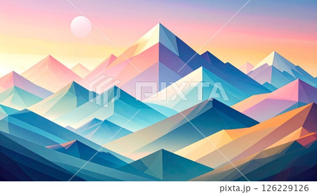 Geometric Mountain Sunset Landscape in Pastel Colors background Geometric Mountain Sunset Landscape in Pastel Colors background 126229126