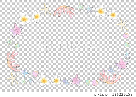 帶有珊瑚、海星、貝殼和雞蛋花的熱帶水彩畫框 126229158
