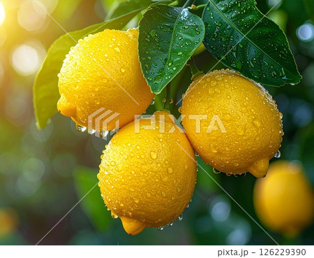 木になった瑞々しいレモンのクローズアップ 木になった瑞々しいレモンのクローズアップ 126229390