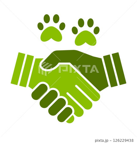 Handshake with animal paw prints. Symbol of partnership, pet care, rescue cooperation and human-animal friendship. Flat green vector icon, isolated illustration for veterinary support. 126229438