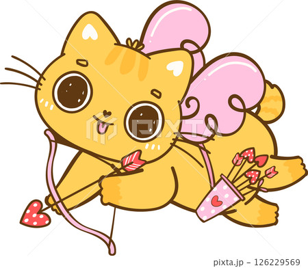 Cute Kawaii Valentine Orange Cat shooting arrow Cartoon Doodle hand Drawing 126229569
