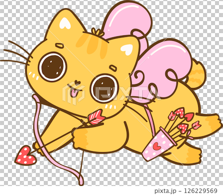 Cute Kawaii Valentine Orange Cat shooting arrow Cartoon Doodle hand Drawing 126229569