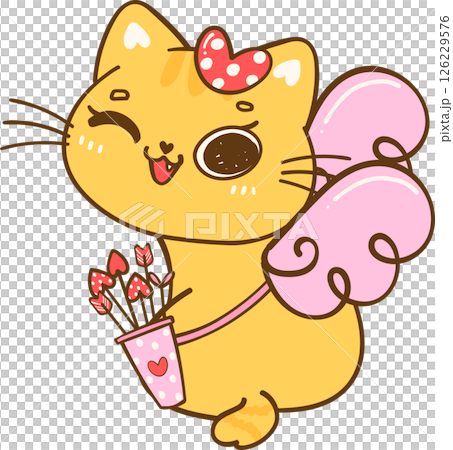 Cute Kawaii Valentine Orange Cat winking eye Cartoon Doodle hand Drawing 126229576