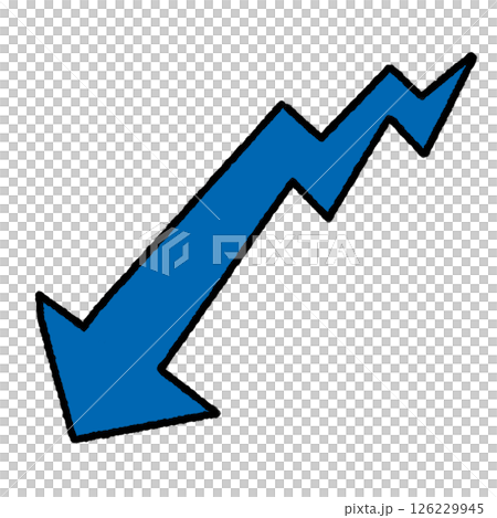 Illustration of a blue arrow descending in a zigzag pattern 126229945