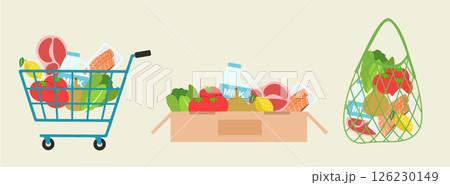 食料品の入ったショッピングカート 配達の段ボール詰まった食料品 エコバッグに入った食料品 食料品の入ったショッピングカート 配達の段ボール詰まった食料品 エコバッグに入った食料品 126230149