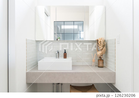 新築の洗面所,サニタリー,造作洗面台,三面鏡 新築の洗面所,サニタリー,造作洗面台,三面鏡 126230206