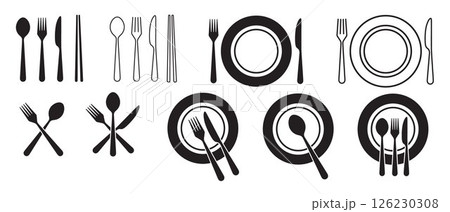 Fork, knife, spoon, chopsticks, plate icons, restaurant symbols, food app icon, tableware set, dinner service 126230308
