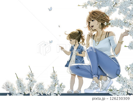 春の公園を散歩する子供と母親のイラスト素材 126230309