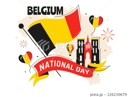 Happy Belgium Independence Day Vector Illustration on July 21, Featuring the National Celebration with a Waving Belgian Flag and Festive Ribbon 126230679