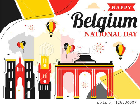 Happy Belgium Independence Day Vector Illustration on July 21, Featuring the National Celebration with a Waving Belgian Flag and Festive Ribbon 126230687