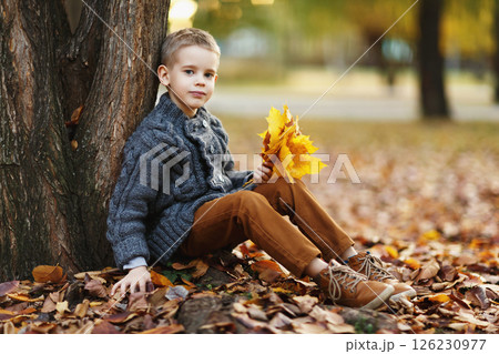 Little smiling caucasian boy is sitting at a tree holding maple leaves bouquet at autumn park background. Little smiling caucasian boy is sitting at a tree holding maple leaves bouquet at autumn park background. 126230977