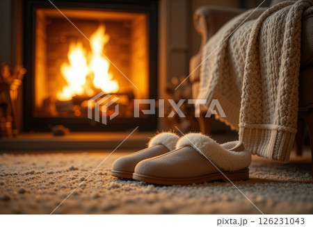Cozy Scene with Slippers by a Warm Fireplace 126231043