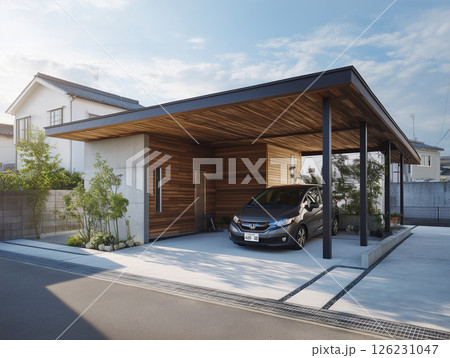 タイトルの候補を表示する 現代的な日本住宅とカーポートのある戸建ての外観 126231047