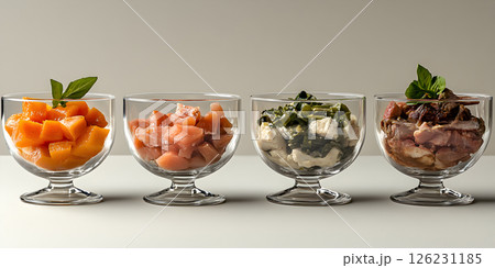 Assorted raw ingredients served in elegant glass cups 126231185