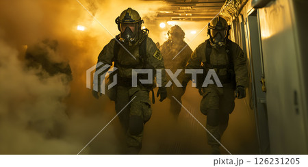 Soldiers in gas masks move through smoke-filled corridor 126231205