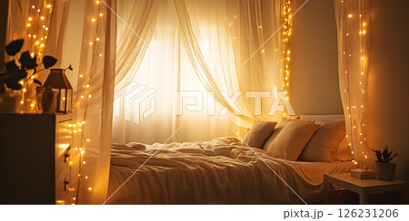 Romantic bedroom with fairy lights and sheer curtains 126231206