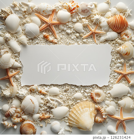 Blank Card on Beach Sand with Seashells and Starfish 126231424