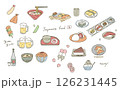 日本の代表的な食べ物と和菓子のイラストレーションセット 日本の代表的な食べ物と和菓子のイラストレーションセット 126231445