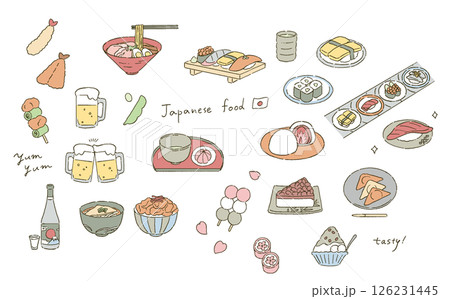 日本の代表的な食べ物と和菓子のイラストレーションセット 日本の代表的な食べ物と和菓子のイラストレーションセット 126231445