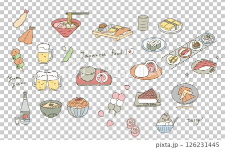 日本の代表的な食べ物と和菓子のイラストレーションセット 日本の代表的な食べ物と和菓子のイラストレーションセット 126231445