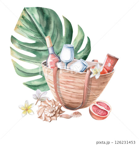 Beach bag filled with party supplies, straw hat and monstera leaf. Isolated watercolor illustration for travel brochure design, poster and clothing printing. Beach bag filled with party supplies, straw hat and monstera leaf. Isolated watercolor illustration for travel brochure design, poster and clothing printing. 126231453