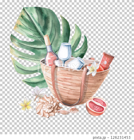 Beach bag filled with party supplies, straw hat and monstera leaf. Isolated watercolor illustration for travel brochure design, poster and clothing printing. Beach bag filled with party supplies, straw hat and monstera leaf. Isolated watercolor illustration for travel brochure design, poster and clothing printing. 126231453