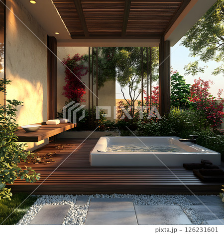 Luxury Outdoor Spa with Hot Tub and Wooden Deck in Green Garden 126231601
