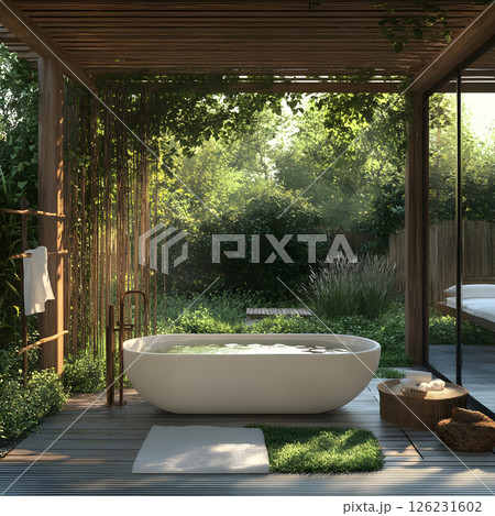 Luxury Outdoor Bathtub in Green Garden with Wooden Pergola 126231602