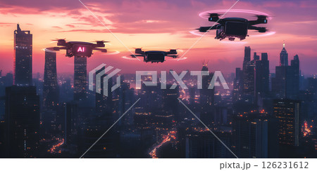 Futuristic AI Drones Flying Over Cyberpunk City at Sunset 126231612