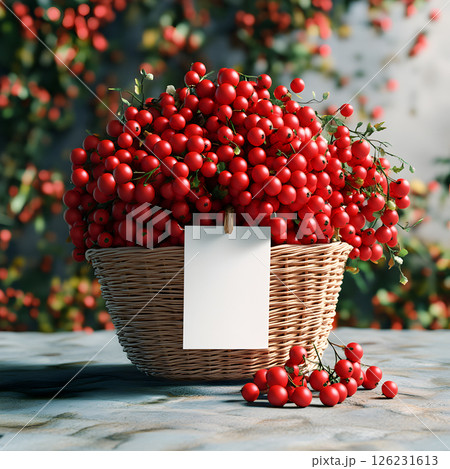 Wicker Basket Full of Fresh Red Berries with Blank Tag 126231613