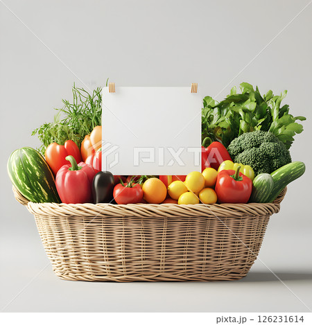 Wicker Basket with Fresh Vegetables and Blank Sign for Custom Text 126231614