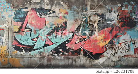 Colorful Grunge Graffiti on a Weathered Urban Concrete Wall 126231709