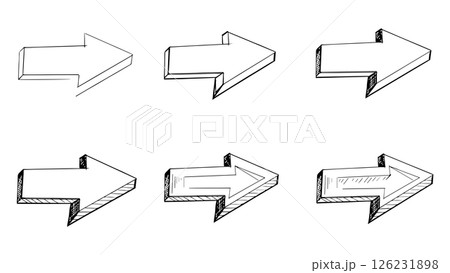Step by step drawing of arrow, coloring of arrows in doodle style, black and white doodle arrows on white background, set of doodle hand drawn arrows, collection of pointers for design, arrow symbol Step by step drawing of arrow, coloring of arrows in doodle style, black and white doodle arrows on white background, set of doodle hand drawn arrows, collection of pointers for design, arrow symbol 126231898
