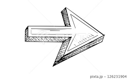 Arrow in the form of child's scribble on white background, hand drawn ink arrow icon, white arrow with black outline in doodle style, arrow sketch for app and banner, arrow symbol, hand drawn pointer 126231904