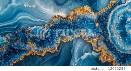 Blue Agate Geode Crystal with Golden Edges, Abstract Texture 126232334