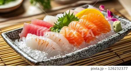 Fresh sashimi assortment on crushed ice 126232377