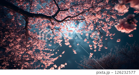 Cherry blossoms at night under moonlight sky 126232577