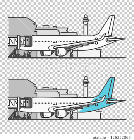Stock Illustration: Domestic and short-distance passenger aircraft, boarding with PBB (Passenger Boarding Bridge) 126232869