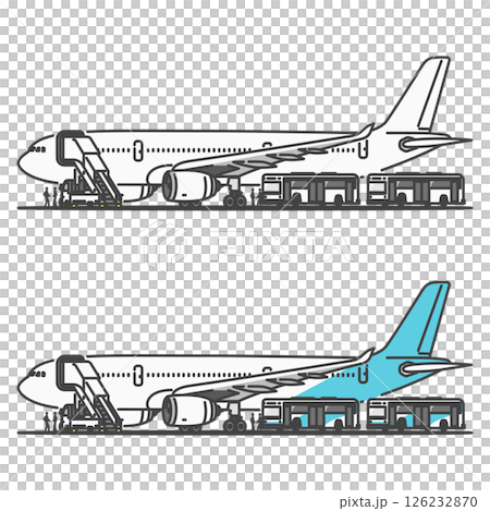 イラスト素材:国際線・長距離路線の旅客機、駐機場、オープンスポットに沖止め・バスゲートで搭乗 イラスト素材:国際線・長距離路線の旅客機、駐機場、オープンスポットに沖止め・バスゲートで搭乗 126232870