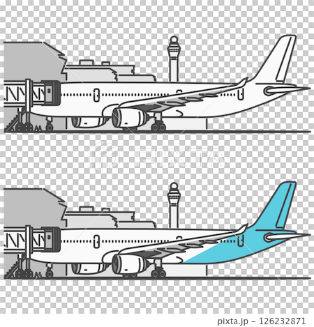 Stock Illustration: International and long-distance passenger aircraft, boarding with PBB (Passenger Boarding Bridge) 126232871